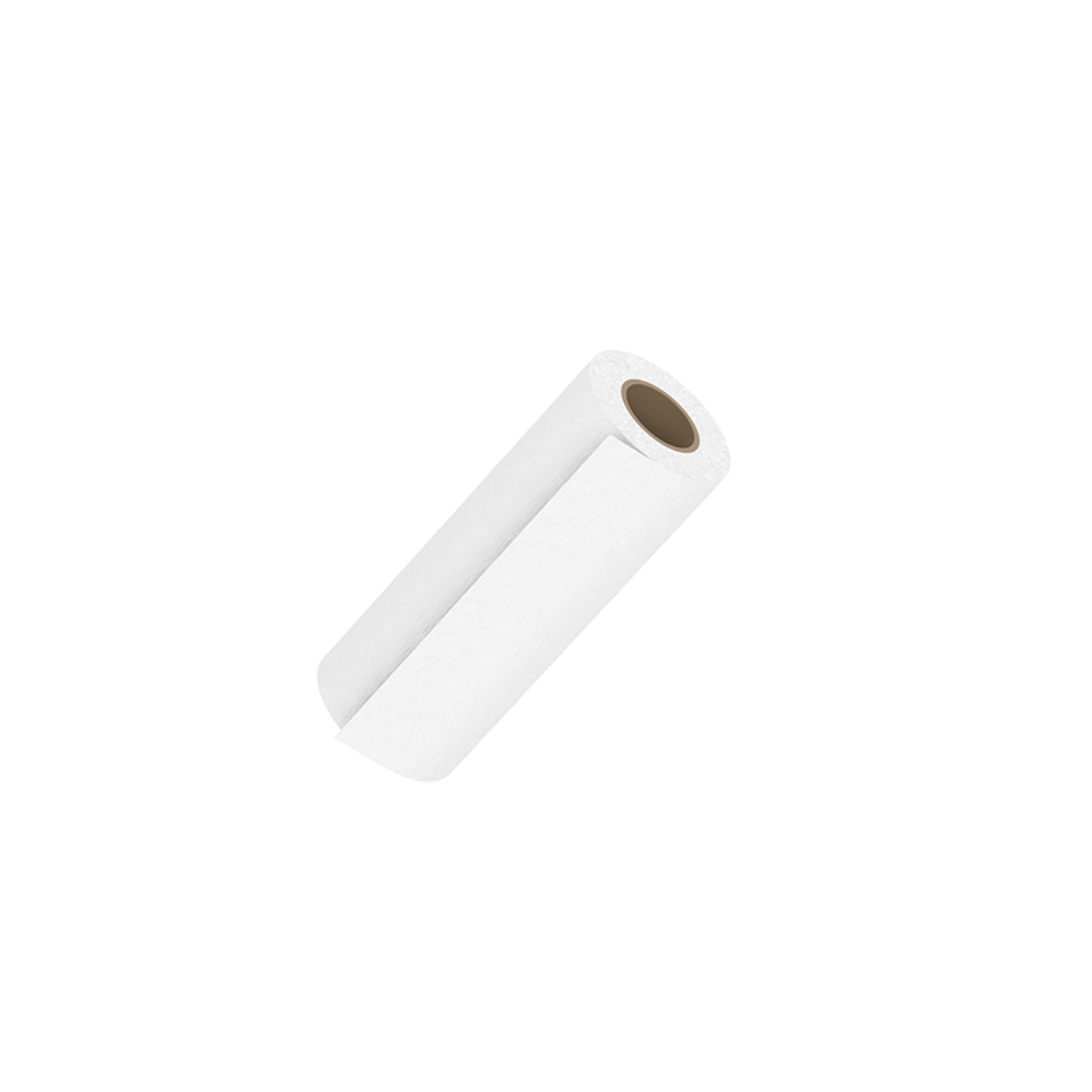 A single roll resembling Dynarex Exam Table Paper, with a visible cardboard tube center, is isolated on a white background and offers a convenient protective barrier.